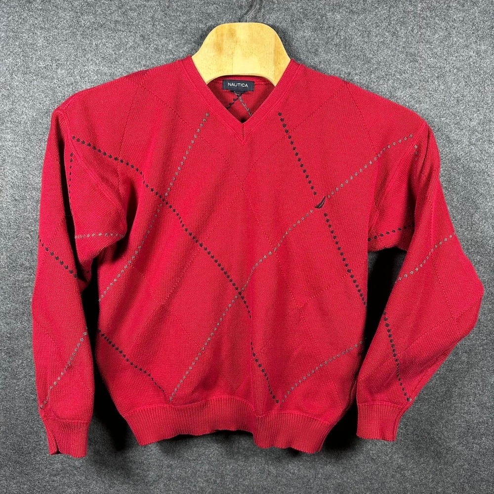 Vintage Nautica Mens Red Argyle V-Neck Cotton Long Sleeve Pullover Sweater Large